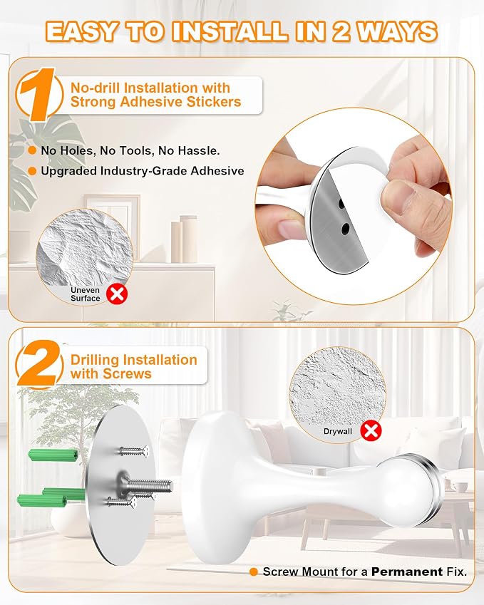 Crosize Magnetic Door Stoppers 6 Pack, Stainless Steel Door Stops for Wall and Floor Mounting, Door Holder Keep Door Open, No Drilling Door Stop with 3D Adhesive Tapes, White
