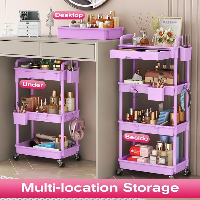 Goovilla Rolling Makeup Organizer Cart with Removable Drawer, 4 Tier Purple | Stable Floor Skincare Storage Cart for Vanity, Cosmetic Display, Nail Polish, Perfume, Hair Stuff, Beauty, Bathroom(Plastic)