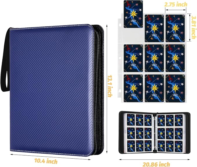 720 Pockets Round Ring Trading Card Binder, 9-Pocket Clear Zipper Card Album with Wrist Strap, Holds 720 Standard TCG Cards Compatible with Sports Baseball Football Game Cards (Dark Blue)