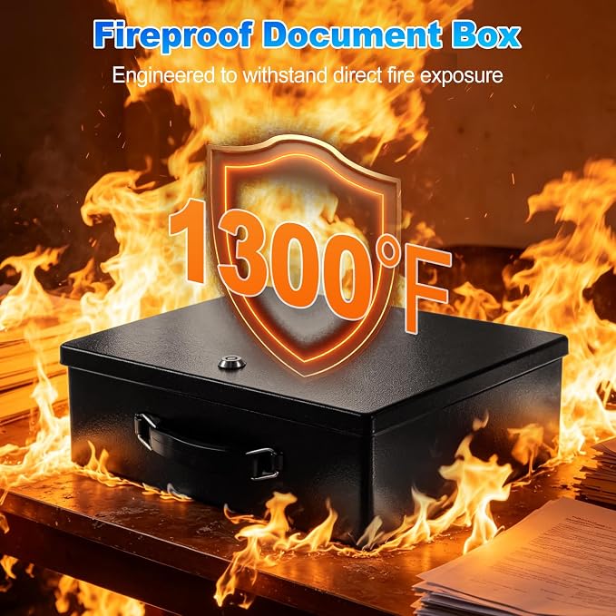 Fireproof Document Box with Key Lock, Fire Resistant Safe Box | Small Lock Boxes for Personal Items, Documents, Jewelry, Passport, Cash13.2"x11"x4.13" Black