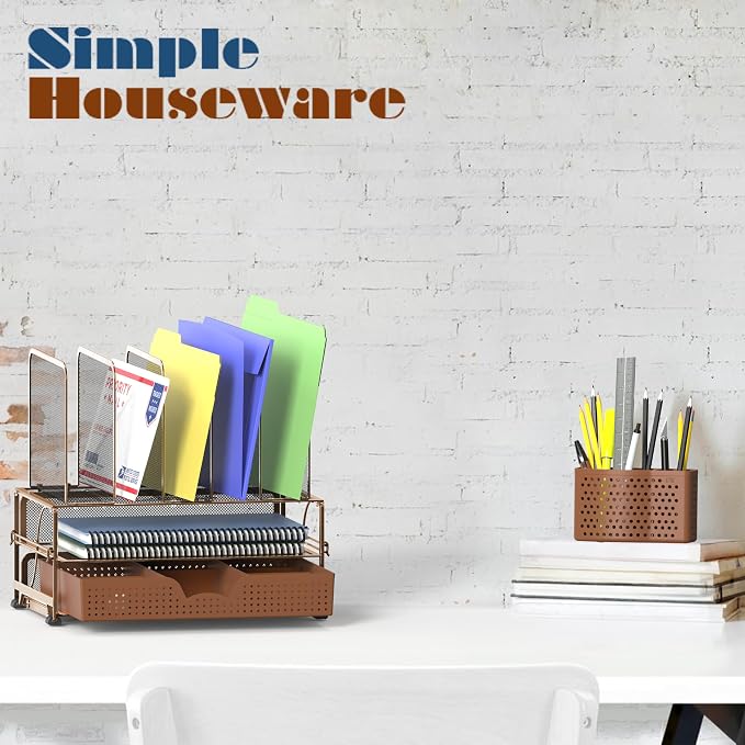 Simple Houseware Desk File Organizer for Office Supplies w/Drawer, Copper | Double Tray, Pencil Holder, and 5 Upright Sections with Sliding Drawer