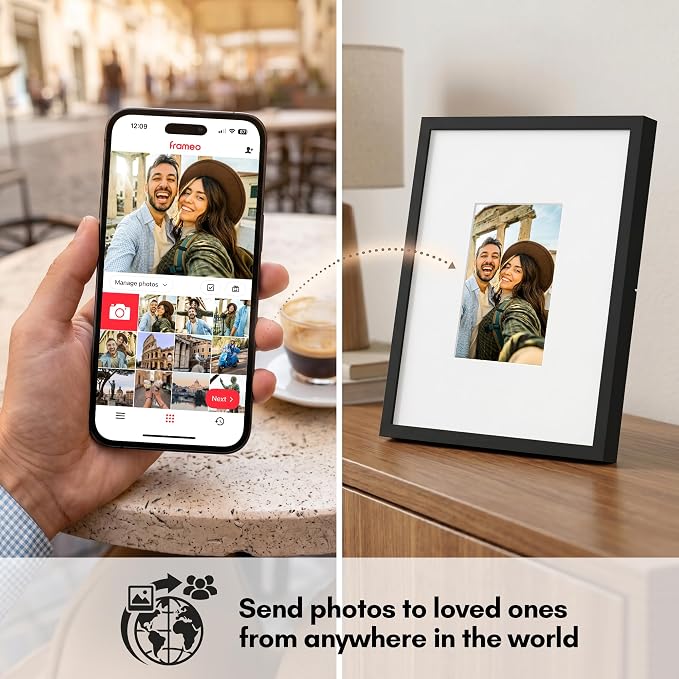 Americanflat 10.1" WiFi Digital Picture Frame in Real Matted 15x18 Frame - Touchscreen, Send Photos & Videos Via Frameo App - Wall or Tabletop - Gift for Grandparents - Black