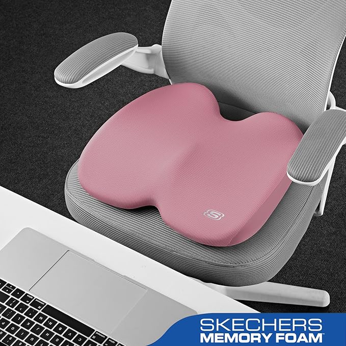 Skechers Seat Cushion, Ergonomic Memory Foam Cushion for Long Sitting Hours on Office & Home Chair, Car Seat Cushion for Sciatica, Coccyx Cushion,Pink