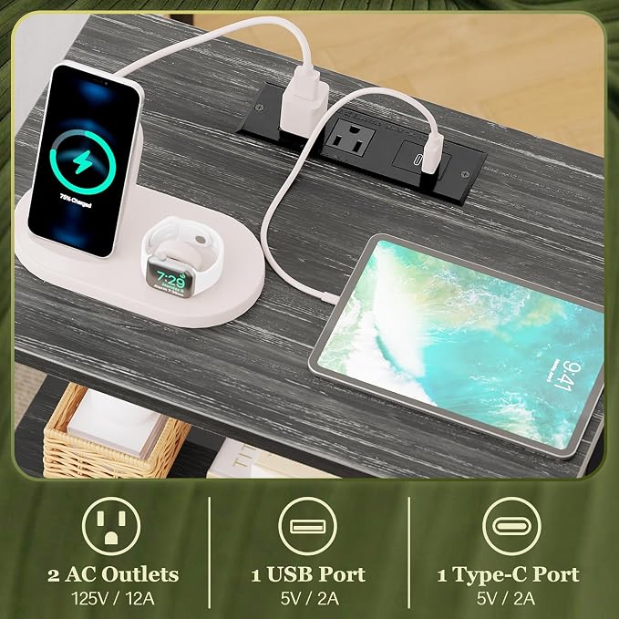 SUPERJARE Nightstand with Charging Station, USB-C Port, Bedside Table | Night Stand for Bedroom, with Adjustable Fabric Drawer, 3-Tier Storage End Table, for Living Room