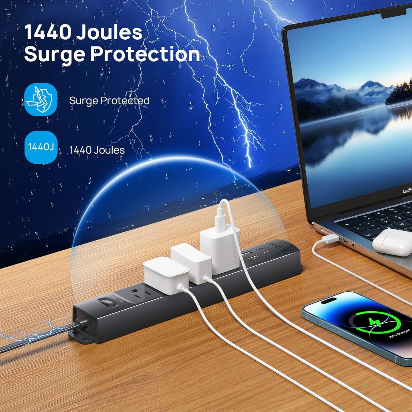TROND Flat Plug Power Strip USB-5ft Flat Extension Cord Surge Protector Wall Mount, 2 Type C & 2 USB A Ports with Multiple Outlets, 1440J, 1625W for Office Supplies Dorm Room Essentials, Black