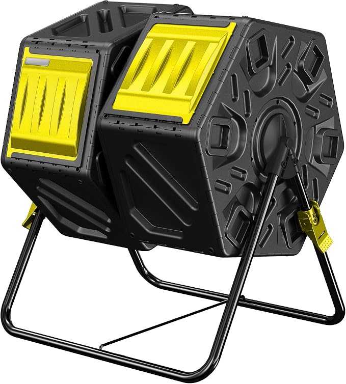 Compost Bin, 37-Gal Dual Chamber Composter Tumbler, Black Yellow | Steel Frame with 2 Sliding Door and Aeration System, 360° Rotating, Tumbling Composting Bin for Kitchen, Garden, Yard