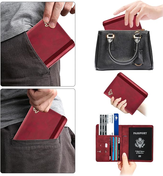 WALNEW Passport Holder for Travel, RFID Passport Wallet, Travel Essentials | PU Leather Passport Cover Case with Pen Holder, Travel Must Haves Accessories, Passport Book Holder for Women Men