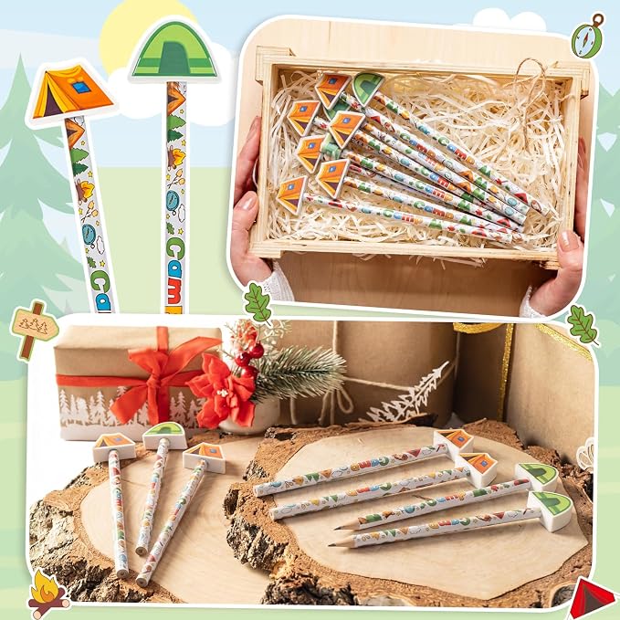 32 Pcs Camp Pencil with Eraser Summer Camping Party Favors Camping Stationery Supplies for School Classroom Exchange Gift Reward Prizes Adventure Vbs Party Supplies