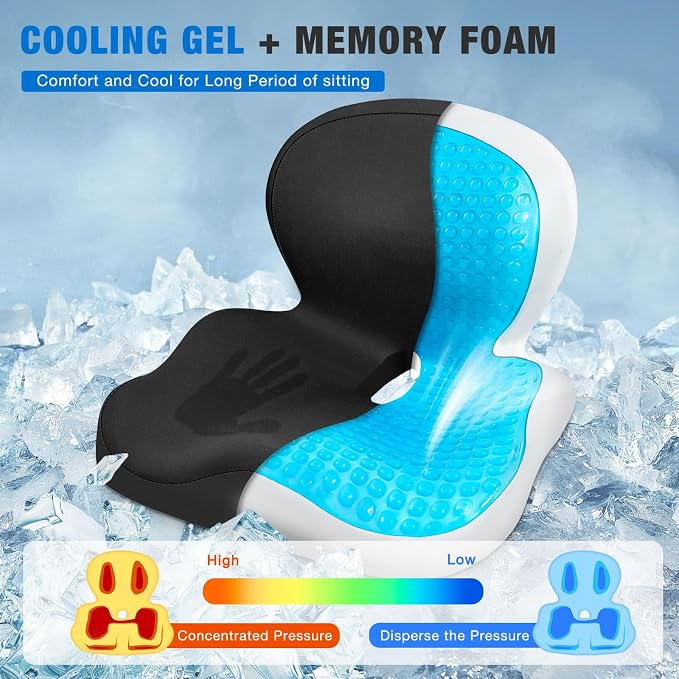 Seat Cushion with Back Support,Cooling Gel & Memory Foam Lumbar Support Pillow for Office Chair,Ergonomic Office Chair Cushions for Sciatica Pain Relief,Gel Seat Cushions for Car,Office,Desk