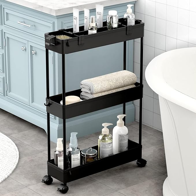 2-piece Set Slim Storage Cart 3 Tier,Bathroom Organizer Rolling Utility,Mobile Shelving Unit Slide Out for Office, Kitchen, Laundry Room & Narrow Places