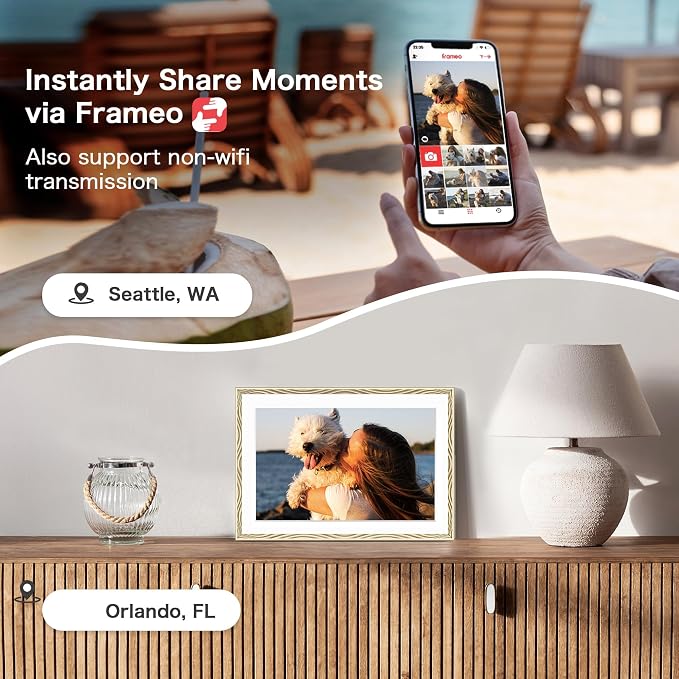 Frameo 10.1'' Digital Picture Frame WiFi, 1280 * 800 HD Touch Screen, 32GB Memory, Wall Mountable Digital Photo Frame, Auto-Rotate, Share Instantly, Wedding, Birthday Gifts for Mom, Gold