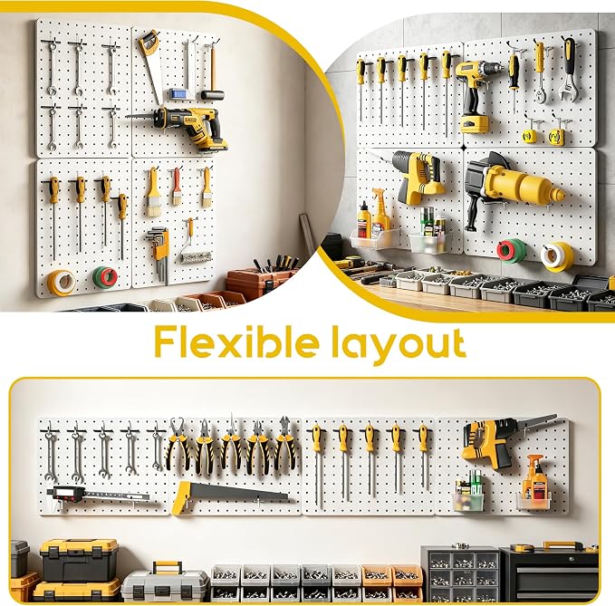 Steel Pegboard Tool Wall Organizer, 4 Pack 14.76 x 10.82 in, 6 Bins, White | 6 clear storage bins organize screws and small parts; 36 hooks and 30 peg locks keep garage tools sorted and easy to reach.