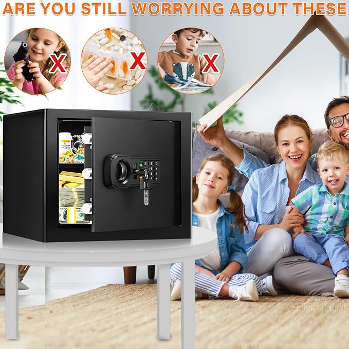 9.84"H Small Safe Box for Money | 1.2 cuft Security Safe with Fireproof Bag | Electronic Digital Safes with Combination Lock and Removable Shelf | Personal Money Safe for Home Cash Medicine Documents
