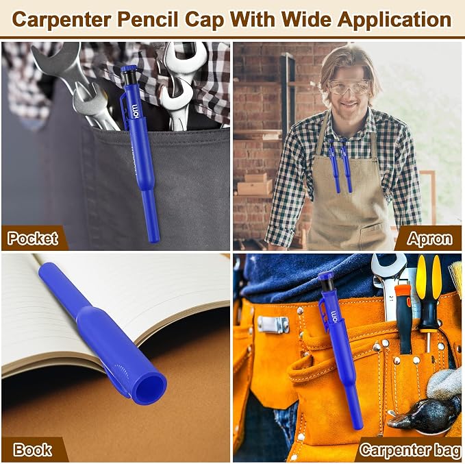 Hiboom 2 Pack Carpenter Pencils with Pencil Cap and 18 Refills, Blue | Mechanical Pencil, Deep Hole Marking, Built-In Sharpener, Long Nose Tip, Pocket Clip, Marks Many Surfaces, Woodworking Use