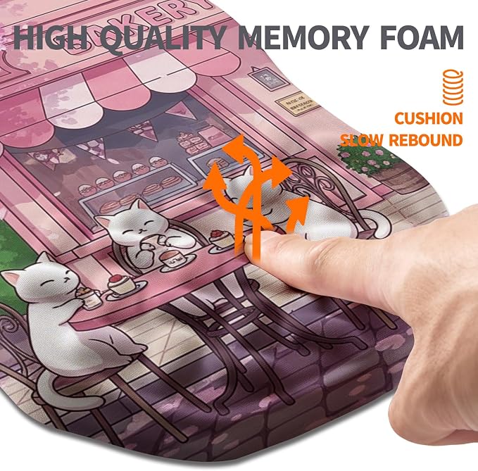 Ergonomic Slope Mouse Pad Wrist Support, Wrist Rest Mousepad for Carpal Tunnel Pain Relief with Massage Bulge and Slow Rebound Memory Foam (12x8 inch, Cat Bakery)