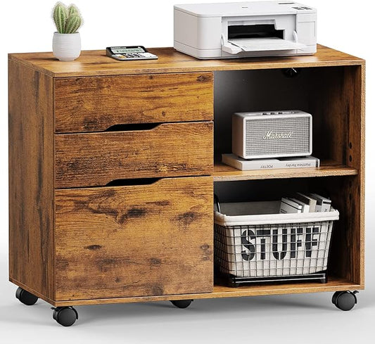 UOCFYK File Cabinet with 3 Drawers, Mobile Lateral Filing Cabinet with Open Storage Shelves for Home Office Under Desk Storage, Brown