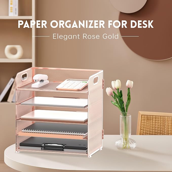 5 Trays Paper Organizer Letter Tray with Handle-Mesh Desk File Organizer, Paper Sorter Desk Organizer for Office, Home or School (Rose Gold)
