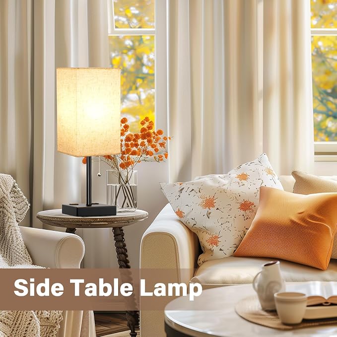 Bedside Lamp for Bedroom Set of 2 - Table Lamp for Nightstand | USB A+C Ports, AC Outlet, 3 Color Temperatures, LED Bulb Included, Pull Chain, 17" Rectangular Desk Lamp for Dorm, 2-Pack