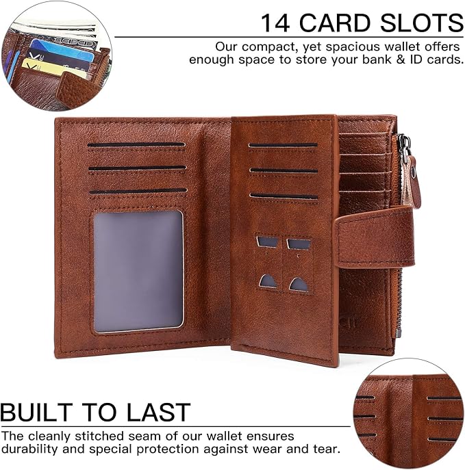 Wallet for Men Genuine Leather RFID Blocking Mens Wallet with Zipper Coin Pocket ID Window