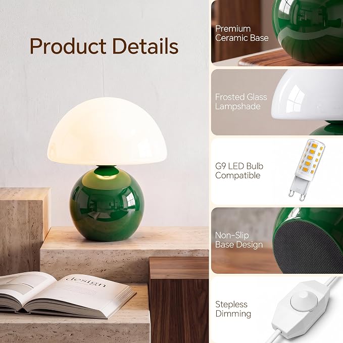 Mushroom Lamp Table Lamp for Bedroom-Small Table Lamps,Dark Green | 8.7" Mid Century Modern Table Lamps for Living Room Bedroom Decor,Cute Ceramic Lamps for Mushroom Home Room Decor,Glass Shade