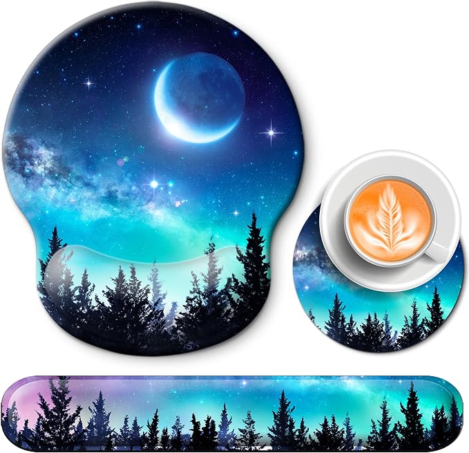 Mouse Pad and Keyboard Wrist Rest Support,Ergonomic Mouse Pad Set | Mousepad With Coaster and Non-Slip PU Base,Pain Relief for Desk Desktop Gaming, Computer,Office -Beach