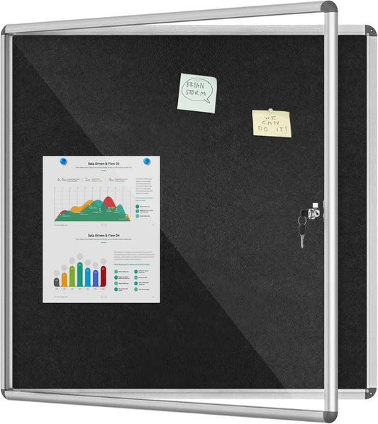 38"x38" Enclosed Bulletin Board, Lockable Weather-Resistant Aluminum Cork Noticeboard for School & Office, Silver Frame w/Black Flet