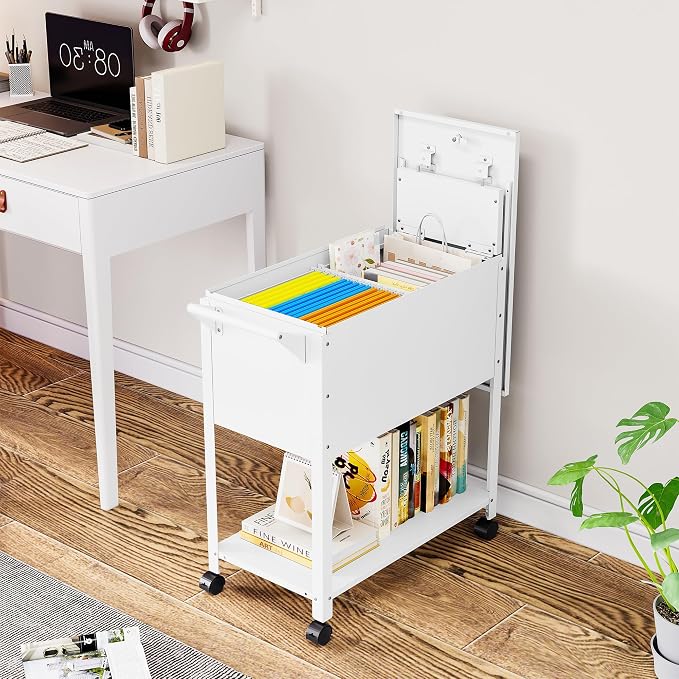 Rolling File Cart with Wheels Hanging Files,Rolling File Cabinet Organizer,Rolling Hanging File Folder Cart on Wheels,Metal Filing Cart,Fit A4/F4/Letter/Legal File for Home Office (White)
