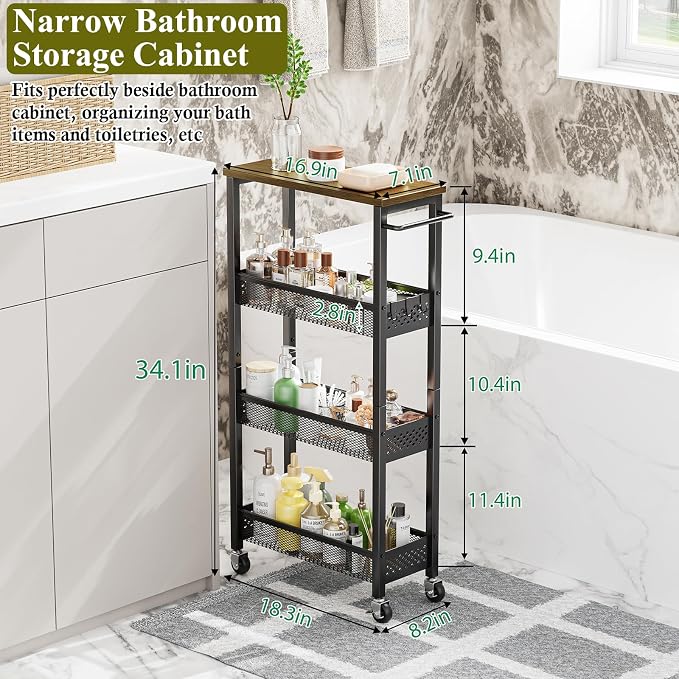 OKZEST 4-Tier Slim Rolling Storage Cart for Kitchen, Laundry Room, Bathroom | Upgraded metal hub casters, Narrow utility cart for small space/gaps, Premium wood top & metal mesh shelf, with handle & hook