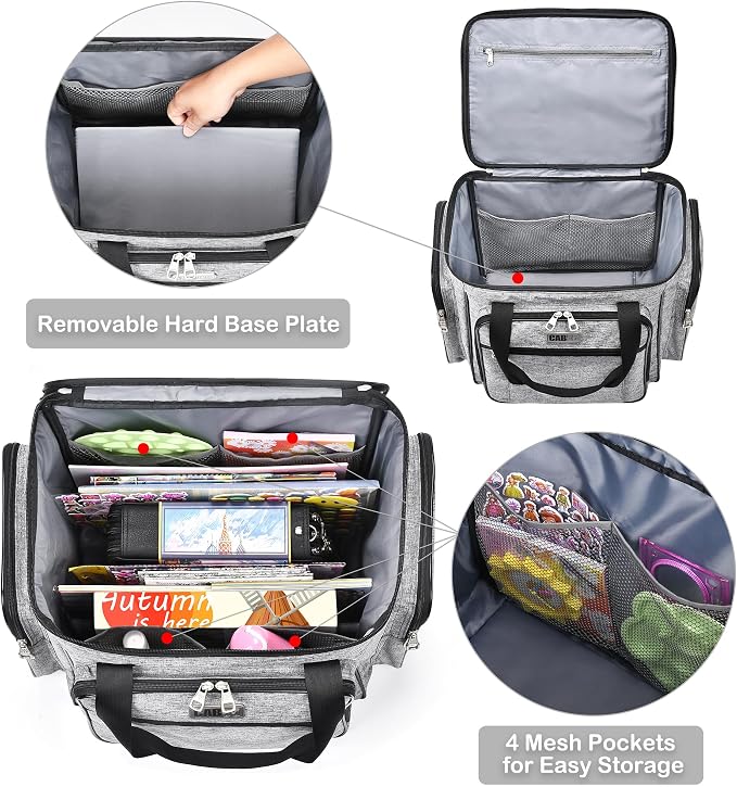 CAB55 Rolling Craft Bag, Tote Bag with Wheels for Women, Rolling Teacher Bag with Removable Folding Hand Truck (Grey)