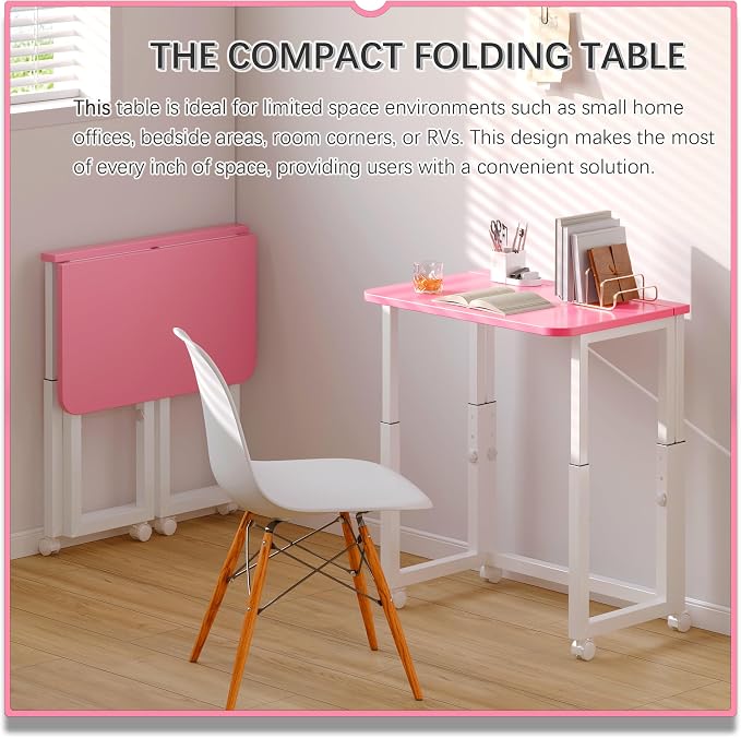 4NM No Tool Assembly 23.6" Small Desk, Folding Portable Desk with Wheels, Adjustable Height Foldable Computer Home Office Desks, Collapsible Study Writing Table for Space Saving Bedroom - Pink White