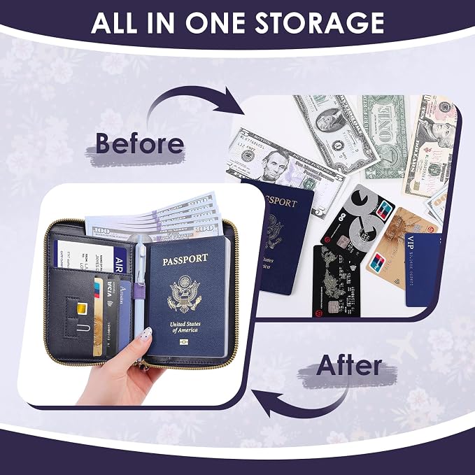 KONVINIT Passport Holder For Travel, RFID Blocking Leather Passport Cover For Travel Accessories, Passport Wallet with Zipper Closure, Cute Passport Book for Women and Men, Navy Blue Flowers