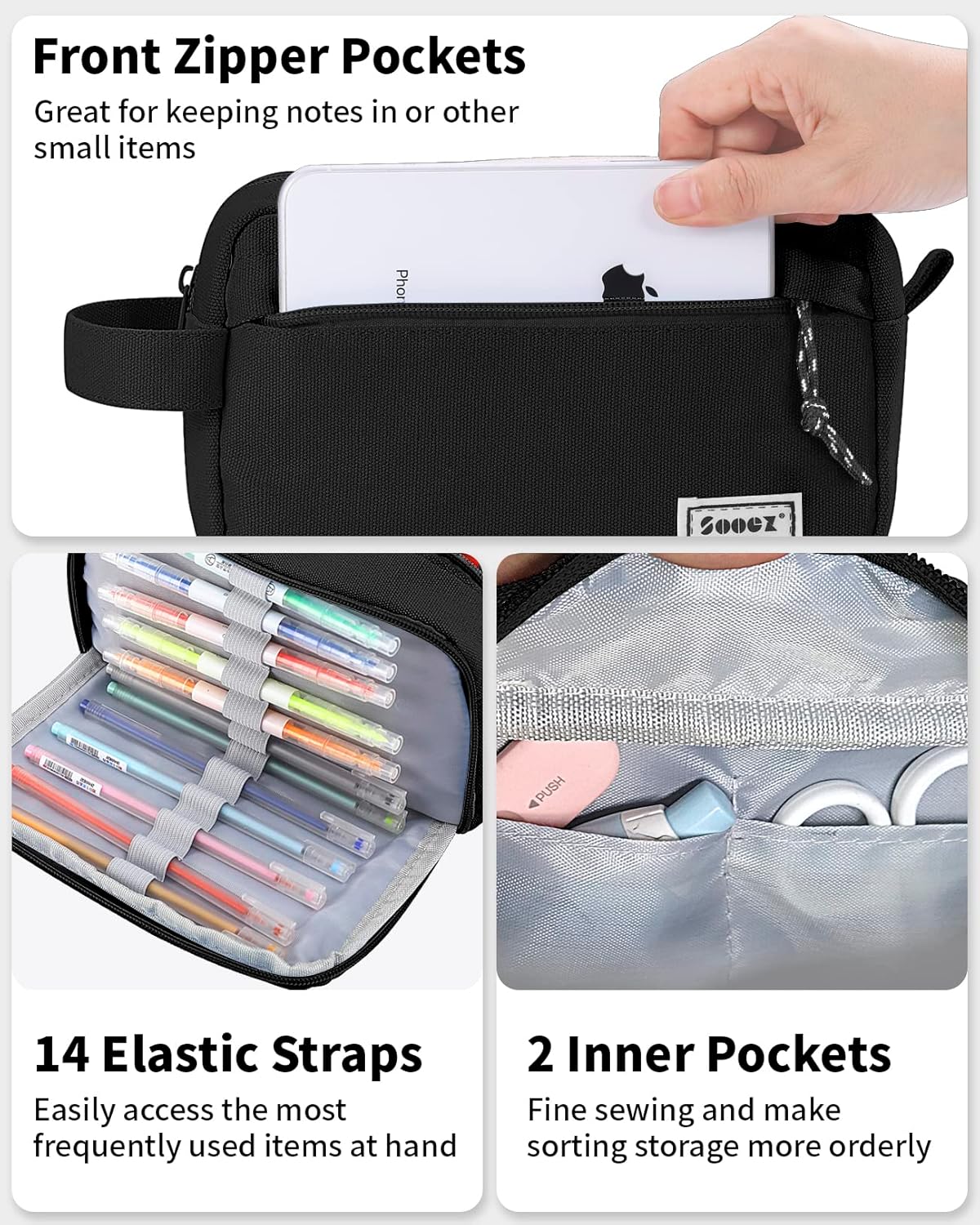 Sooez Big Capacity Pencil Pen Case, Upgraded Canvas Pencil Pouch Pencil Bag Organizer, Large Storage with Separate Compartments Easy Grip Handle, Aesthetic Supply for School Teens Adults