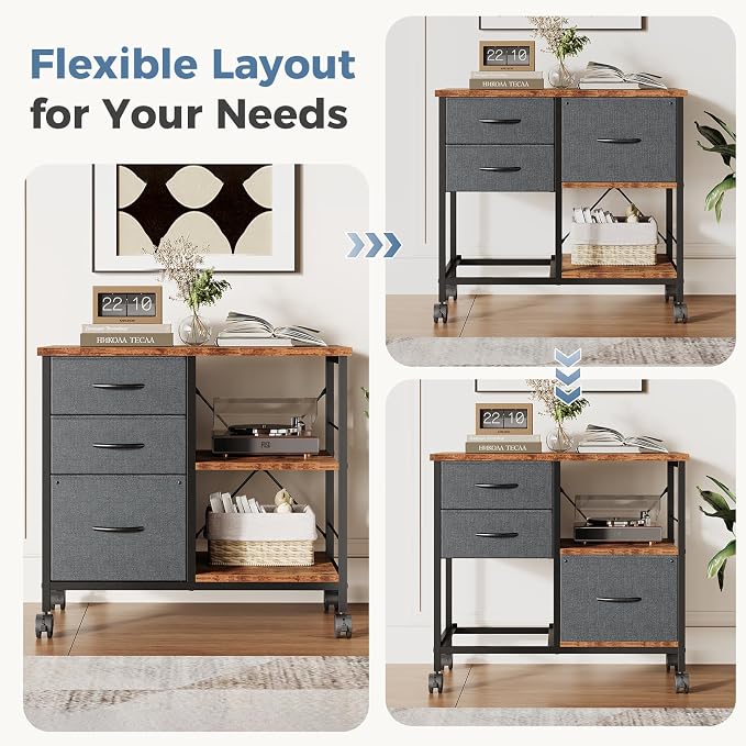DUMOS 3 Drawer Mobile File Cabinet, Space Saving Rolling Printer Stand | Freestanding Fabric Lateral Filing Cabinet Fits A4/Letter Size, Printer Cart with Open Storage Shelf for Home Office, Gray