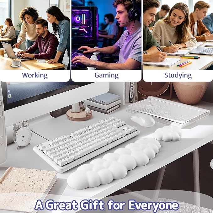 Cloud Wrist Rest Keyboard, Cloud Keyboard Wrist Pad Set with PU Leather Memory Foam, Cute Arm Rest for Palm Support, PC/Gaming Desk Accessories/Office Setup/Computer Hand Cushion - White