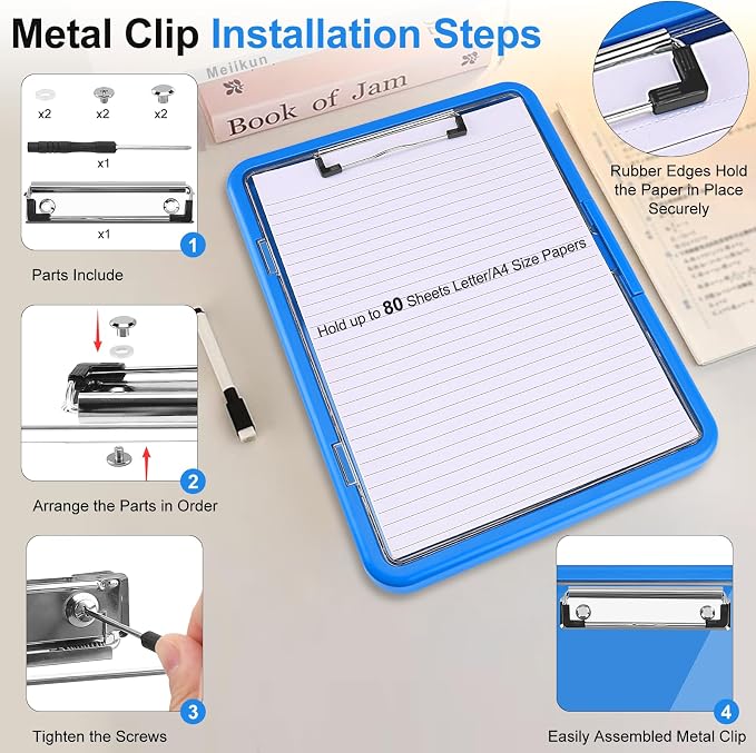 Meiikun Clipboard with Storage, Clip Boards 8.5x11 with Dual Storage, Plastic Clipboards Clear Visible Dry Erase Top Panel, High Capacity Clip Board Organizer for Work School Office (Sapphire Blue)