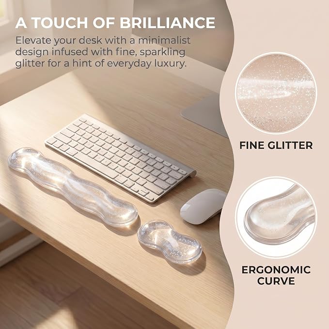 Wrist Rest for Keyboard and Mouse, Ergonomic Mouse Hand Rest Set, Cute Glitter Cloud Keyboard Pad with Wrist Support, Gel Desk Decor Accessories for Office Gaming School (Transparent)