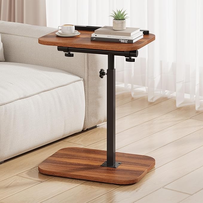 TV Tray Table, C Shaped End Table | Adjustable Height, Flip-Top, Snack Side Table with 360° Swivel and 180° Tilt, for Couch, Sofa, Bed, Recliner, Walnut