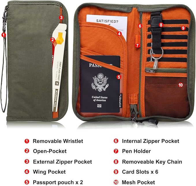 Passport Holder Family RFID Passport Wallet, Passport Holder Women/Men, Travel Wallet Documents Organizer Zipper Case with Removable Wristlet Strap, Travel Essentials for Flying