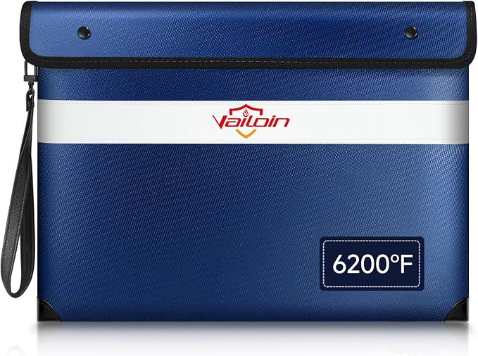 Vailoin 6200°F Fireproof Document Bag, 8 Layers of Heat Insulated Materials | Double-sided Reflective Strip, Waterproof Zipper,Certified to SGS UL94 V-1, for Tablet, Cash, A4-sized documents（Blue）