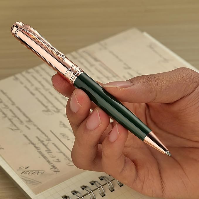 Luxury Gel Pen, Top Set With 8mm Brilliant Diamond,Dark Green Pen Body,Attractive Rose Real Gold Finish, Black Refill,Elegant Gift Pen For Women, Executive, Fancy, Graduation, Nice Pens