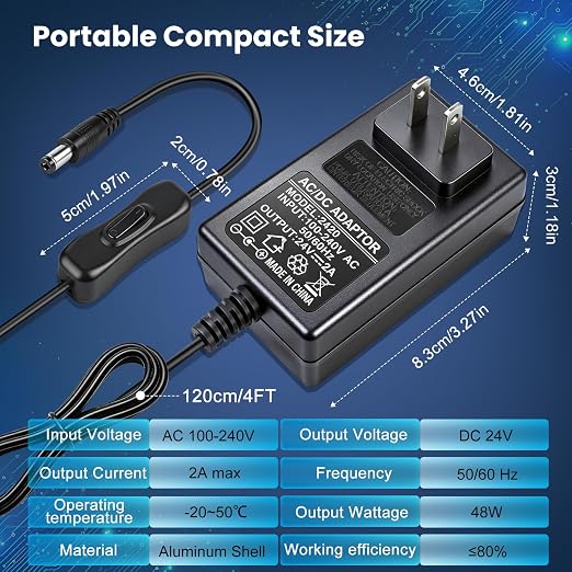 24V 2A Power Supply, 48W 24 Volt DC Power Adapter with On/Off Switch, 110V AC to 24V Transformer Plug for LED Strip Lights with 5.5x2.1mm DC Female Connector, Black