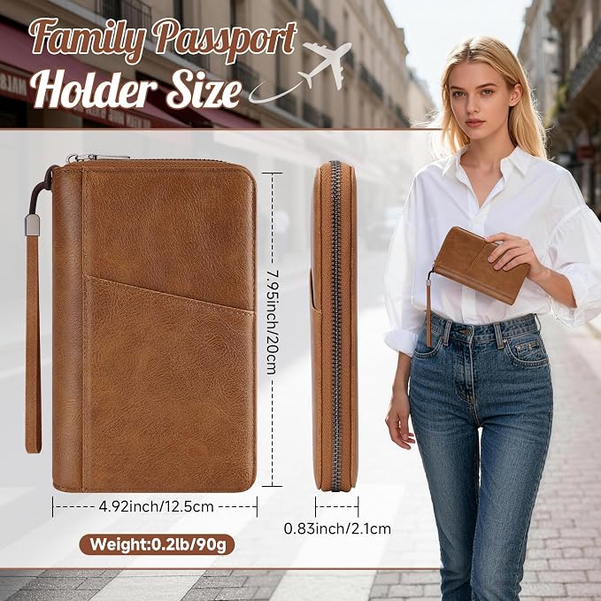 Likesing Family Passport Holder for 5, RFID Multiple Passport Holder-Brown | Leather RFID Blocking Travel Passport Wallet with Zipper, Travel Document Organizer with Wrist Strap Card Slots for Women Men