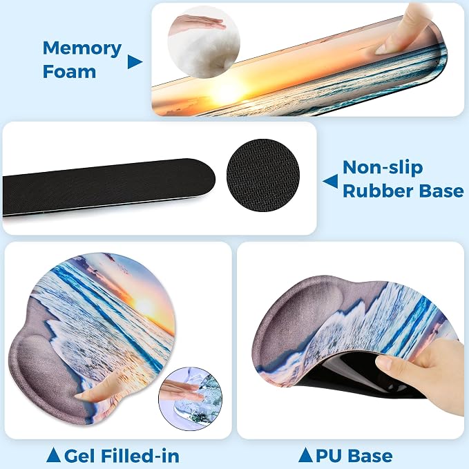 Mouse Pad and Keyboard Wrist Rest Support,Ergonomic Mouse Pad Set | Mousepad With Coaster and Non-Slip PU Base,Pain Relief for Desk Desktop Gaming, Computer,Office -Beach