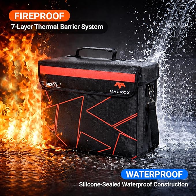 Fireproof and Waterproof Document Bag with Lock, 6200℉ Insulated, Patented Enclosed Flap Design, Heavy Duty Fire Safe Storage Box for Documents, Files & Valuables, 16"x12.6"x6.5"