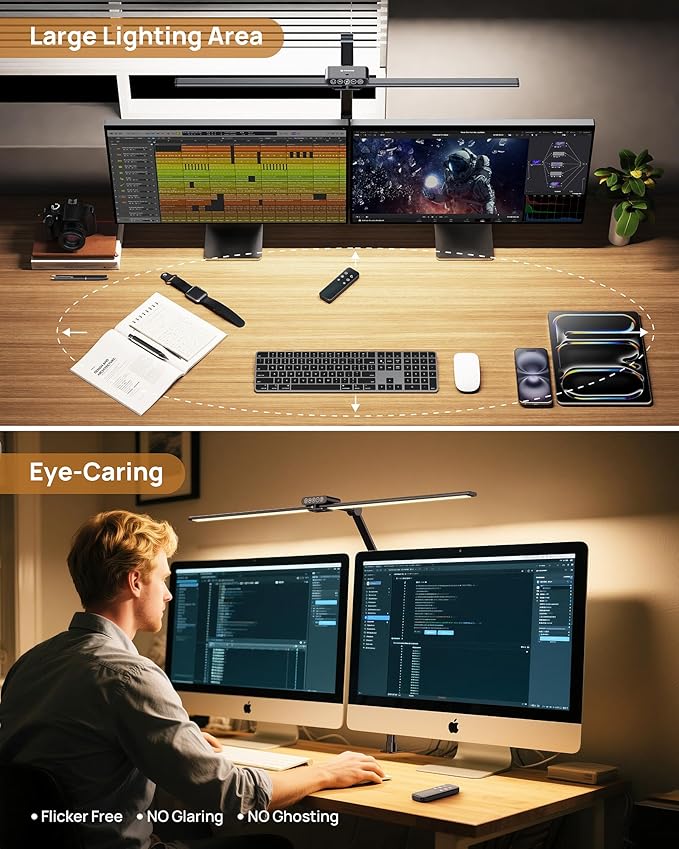TROND LED Desk Lamp with Clamp, 29.55'' Tall Desk Light with Remote, Black | 1500LM Bright Table Lamp, Swing Arm Clip on Light, Eye-Caring, Touch Control Dimmable for Home Office Monitor Reading