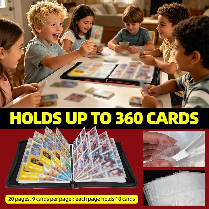 Premium Trading Card Storage Album,9 Pocket 40 Side Pages, 360 Cards,Black Zipper Binder for Collectible Games, Sports Card Organization&Protection (Black/Red)
