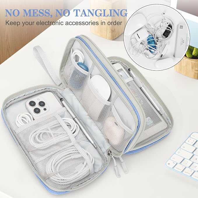 FYY Electronic Organizer, Travel Tech Pouch Bag, Large, Blue Quilted | Wrist Strap, Waterproof, Double Layers Portable Electronics Travel Carrying Case for Cord, Charger, Daily Business Trips Use