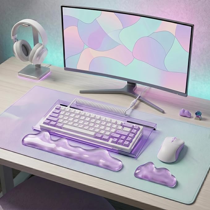 Acrylic Computer Keyboard Stand with Gel Mountain Wrist Rest Keyboard Riser with Comfortable Clear Silicone Mouse Wrist Pad Ergonomic Tilted Transparent Keyboard Holder for Desktop Office Purple