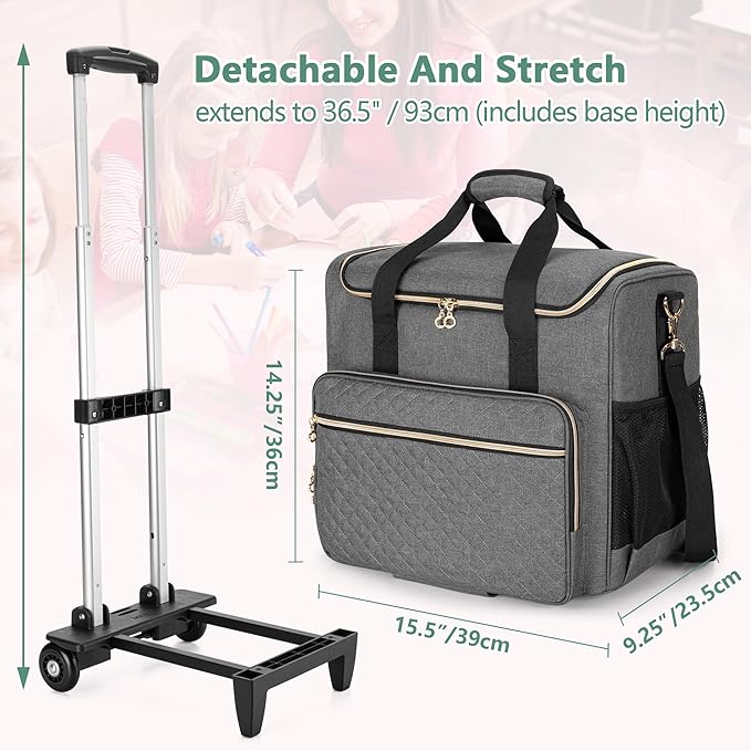 LUXJA Rolling Teacher Bag with Wheels and 15.6" Laptop Compartment, Gray | Rolling Briefcase for Women, Teacher Tote Bag for Office Work with Detachable Dolly and Shoulder Strap, Ample Storage Pockets