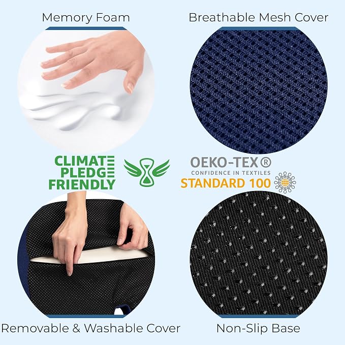 5 STARS UNITED Seat Cushion - Memory Foam Chair Cushion for Tailbone Pain Relief - Ergonomic Support for Coccyx, Sciatica & Butt - Office, Desk & Gaming Chair, Car Seat, Wheelchair, Blue Mesh